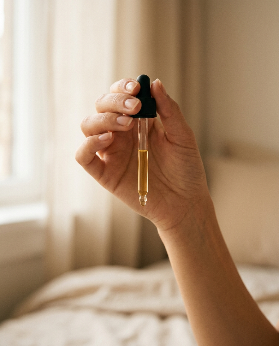 Hand holding a glass dropper of golden oil up to window light
