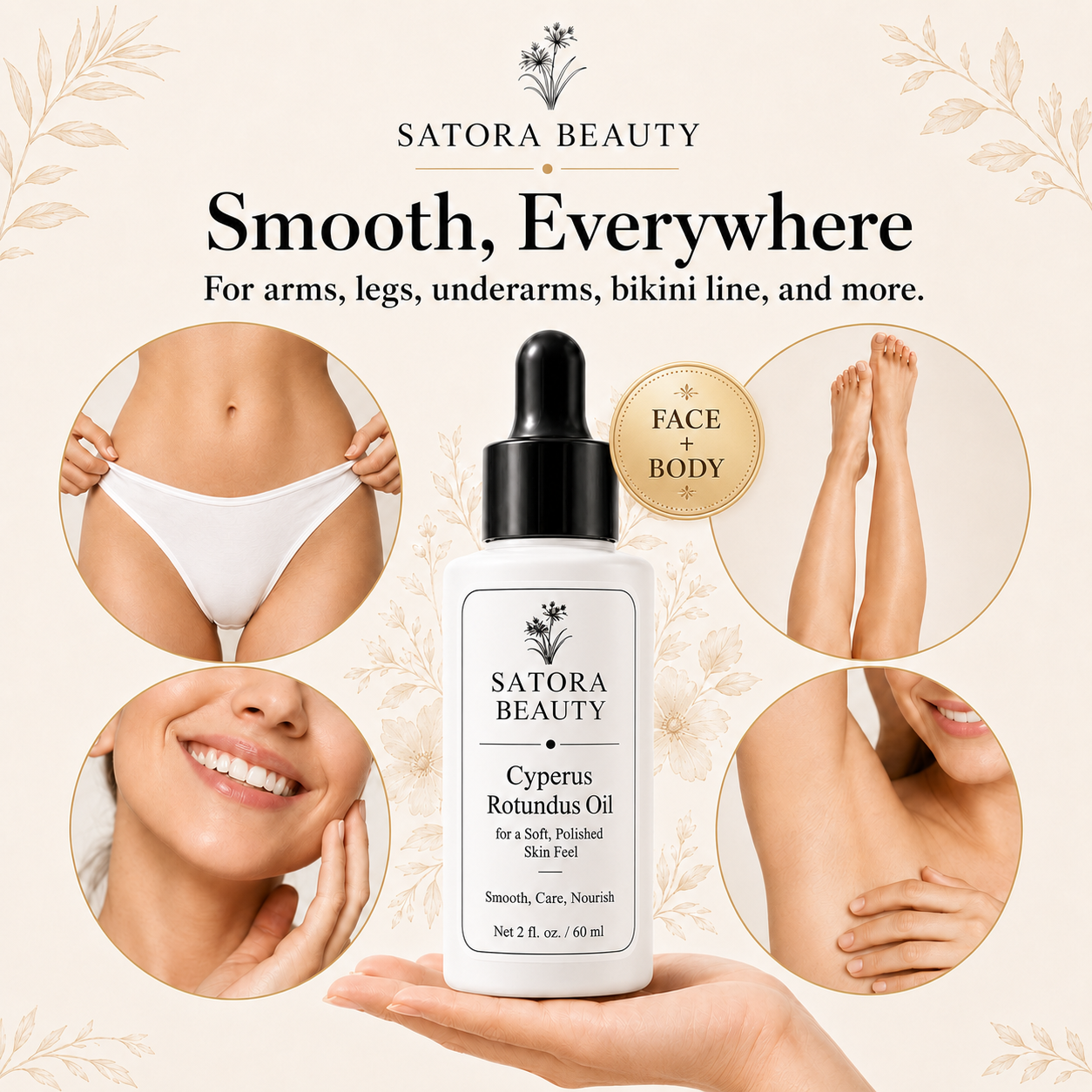 Satora Beauty cyperus rotundus oil, a plant-based alternative to shaving and waxing