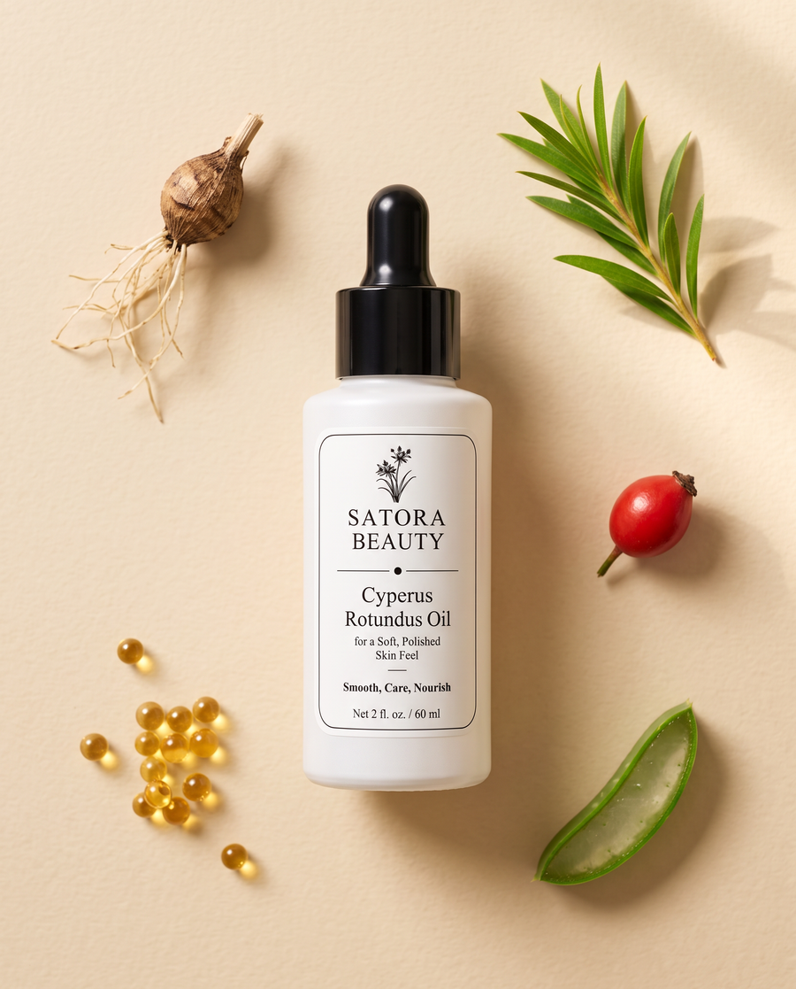 Satora Beauty Cyperus Rotundus Oil bottle in a flat lay with nutgrass tuber, tea tree, rosehip, jojoba and aloe